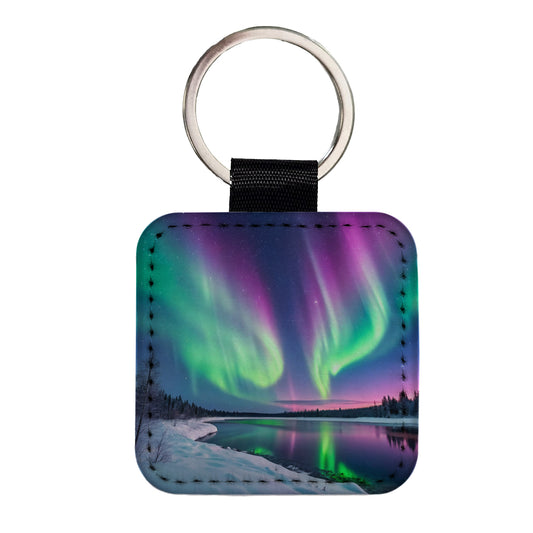Aurora Borealis Northern Southern Lights Colorful Beautiful Square Faux Leather Keychain