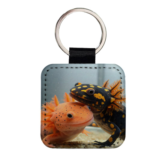 Axolotls Hugging Square Faux Leather Keychain