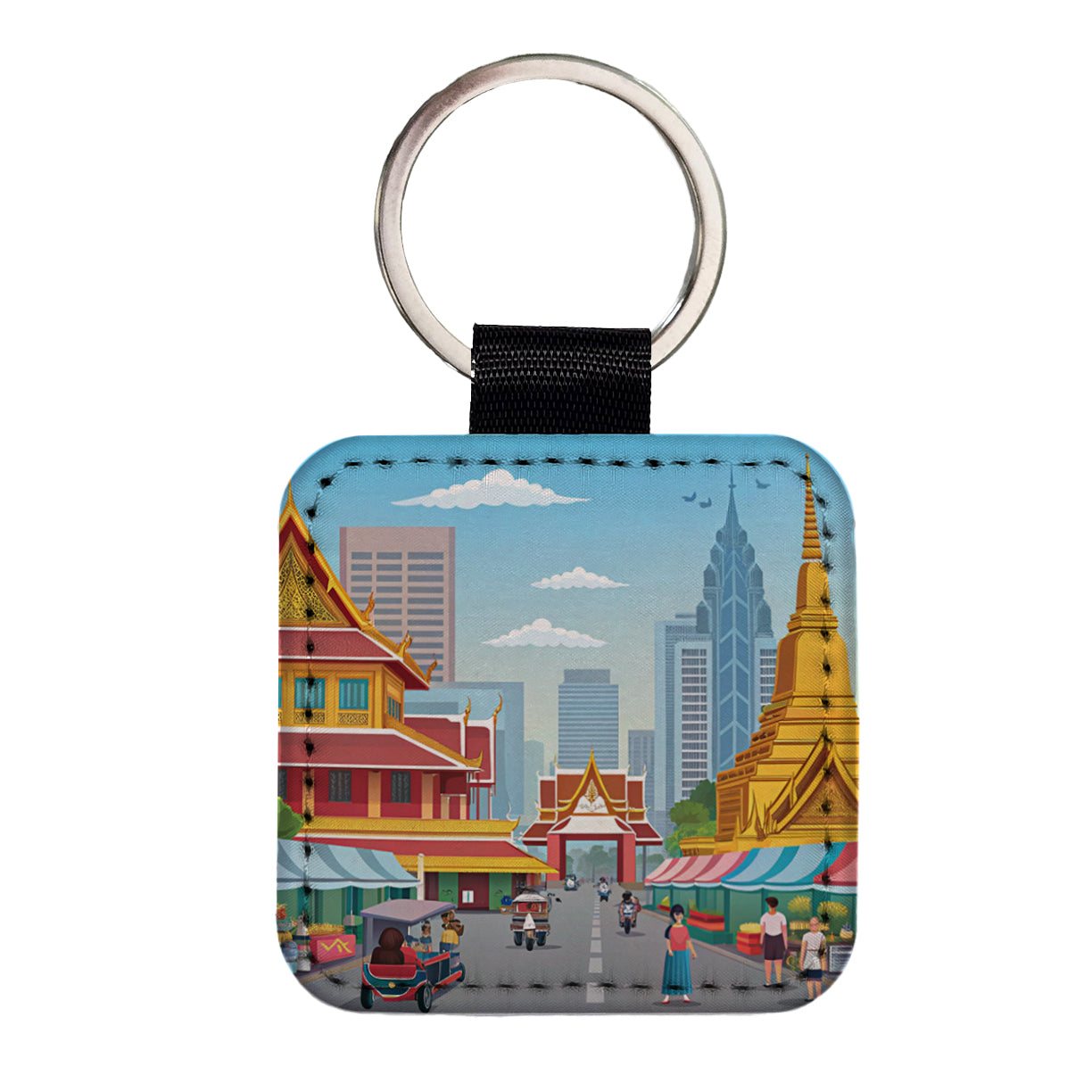 Bangkok Thailand Drawing Square Faux Leather Keychain
