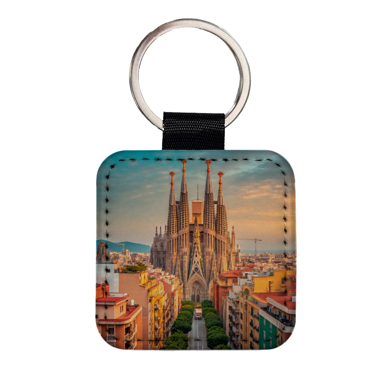 Barcelona Spain Beautiful Square Faux Leather Keychain