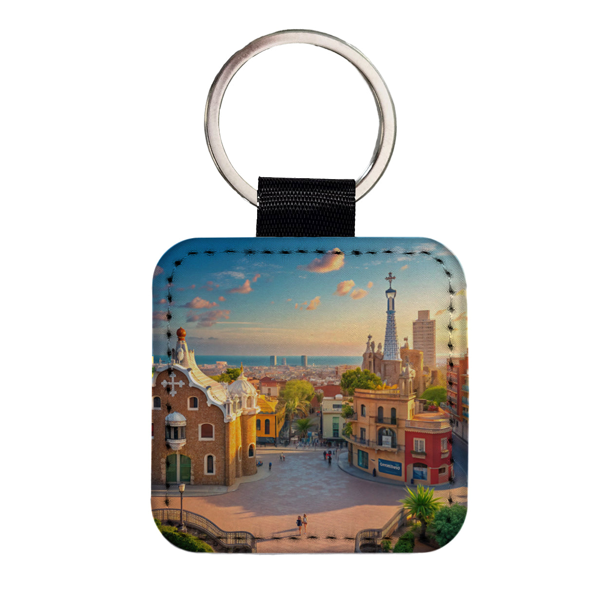 Barcelona Spain Ocean Square Faux Leather Keychain