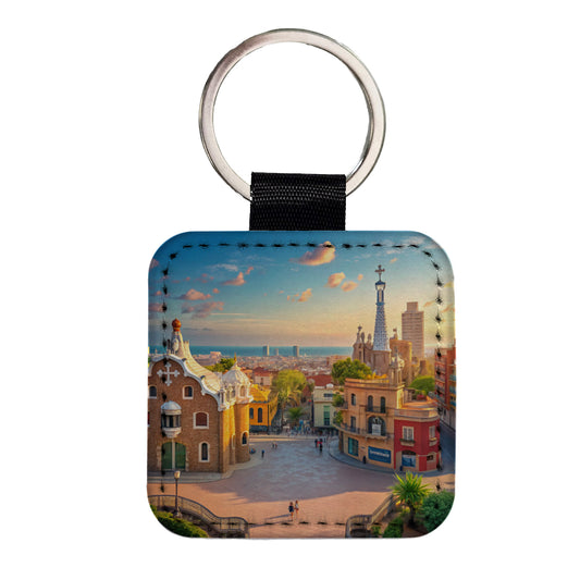 Barcelona Spain Ocean Square Faux Leather Keychain