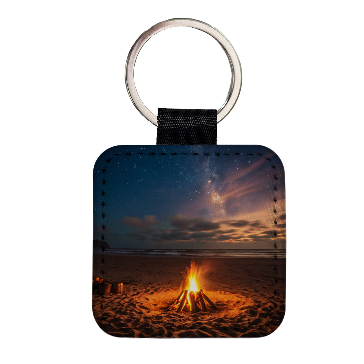 Beach Bonfire Scene Night Square Faux Leather Keychain