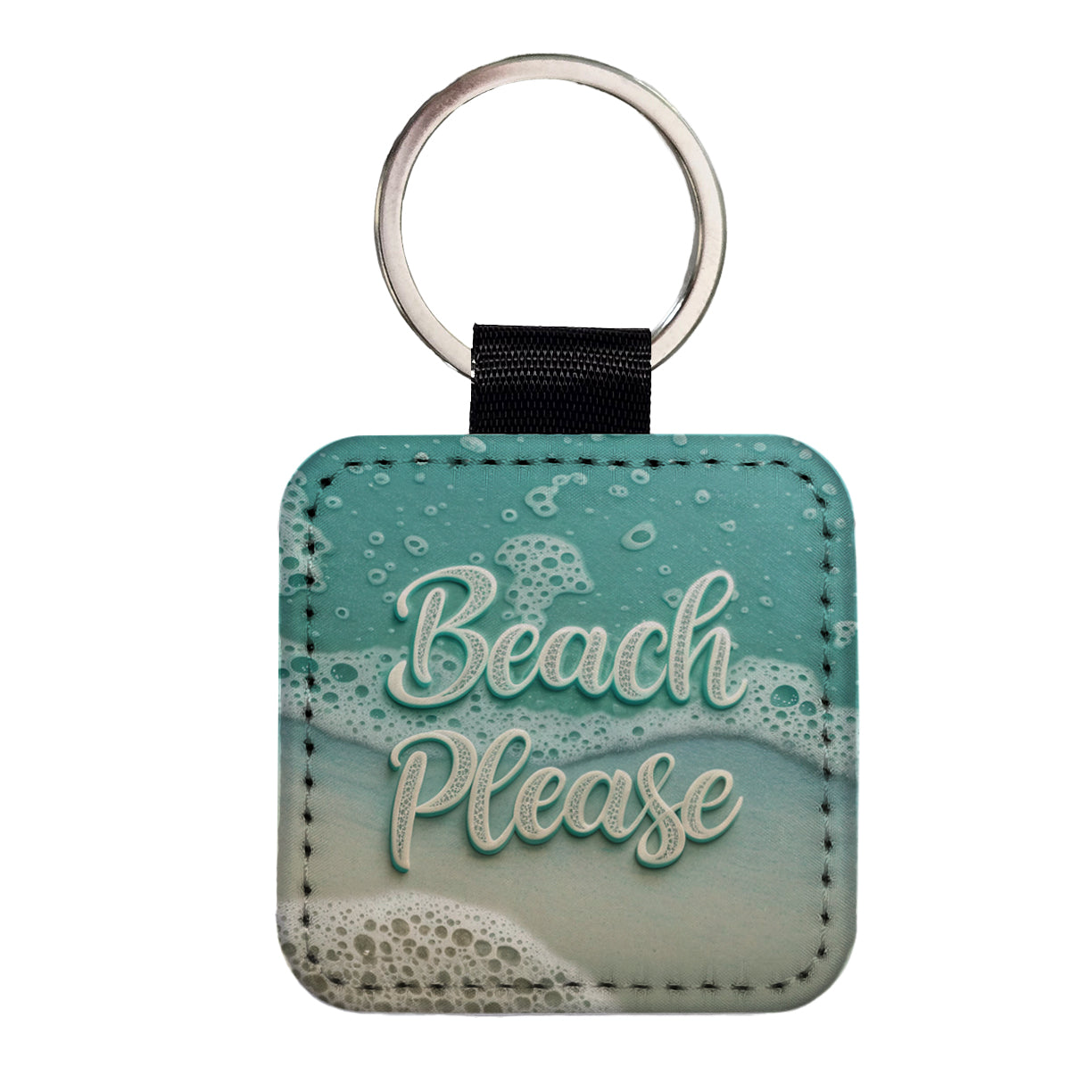 Beach Please Sea Foam Ocean Square Faux Leather Keychain