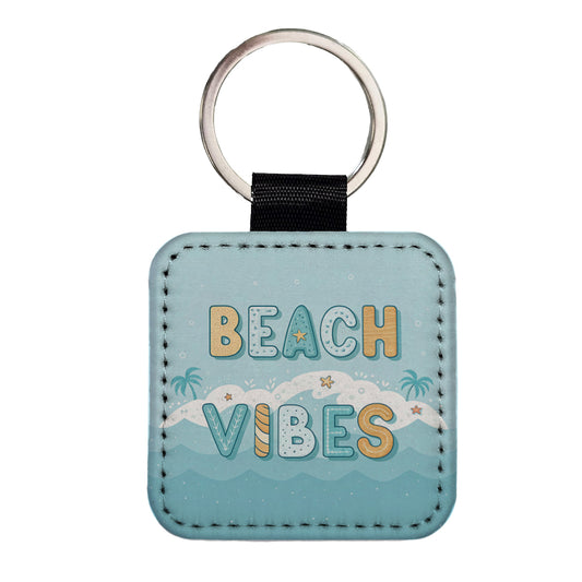 Beach Vibes Sea Foam Ocean Square Faux Leather Keychain