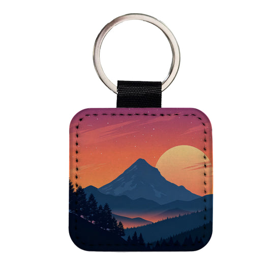 Beautiful Mountain Sunset Square Faux Leather Keychain