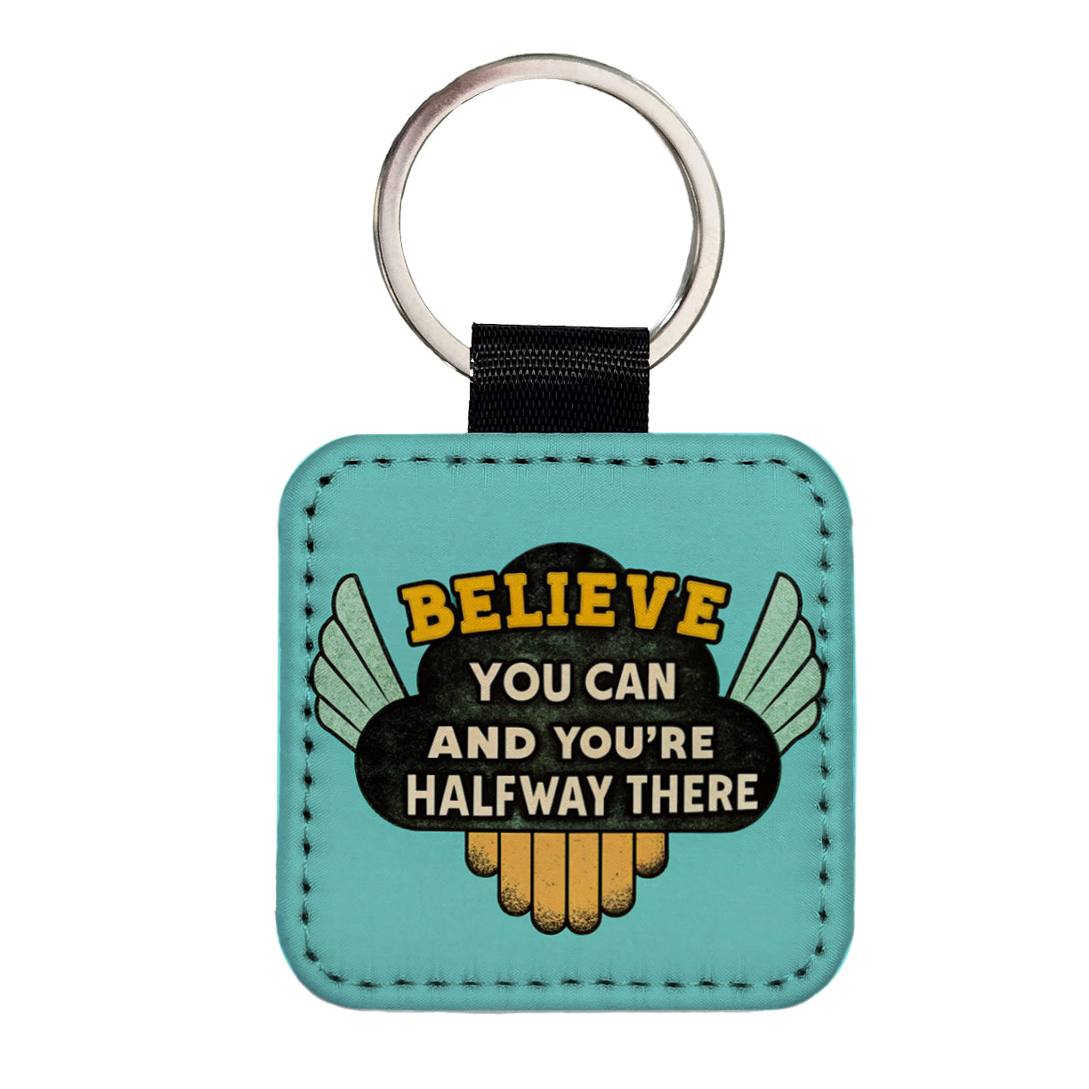 Believe You Can You're Halfway There Inspirational Square Faux Leather Keychain