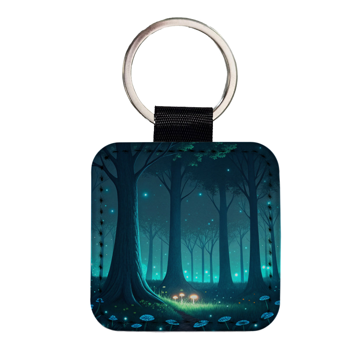 Bioluminescent Forest Mushrooms Trees Square Faux Leather Keychain