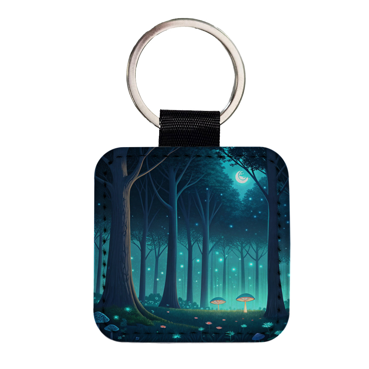 Bioluminescent Forest Night Square Faux Leather Keychain