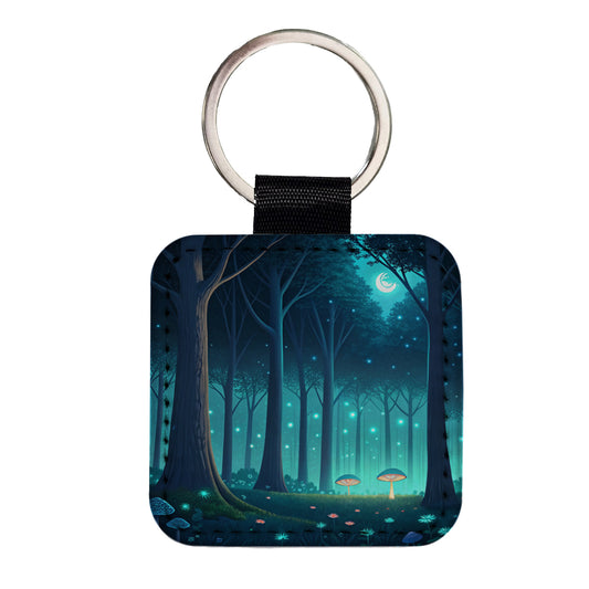 Bioluminescent Forest Night Square Faux Leather Keychain