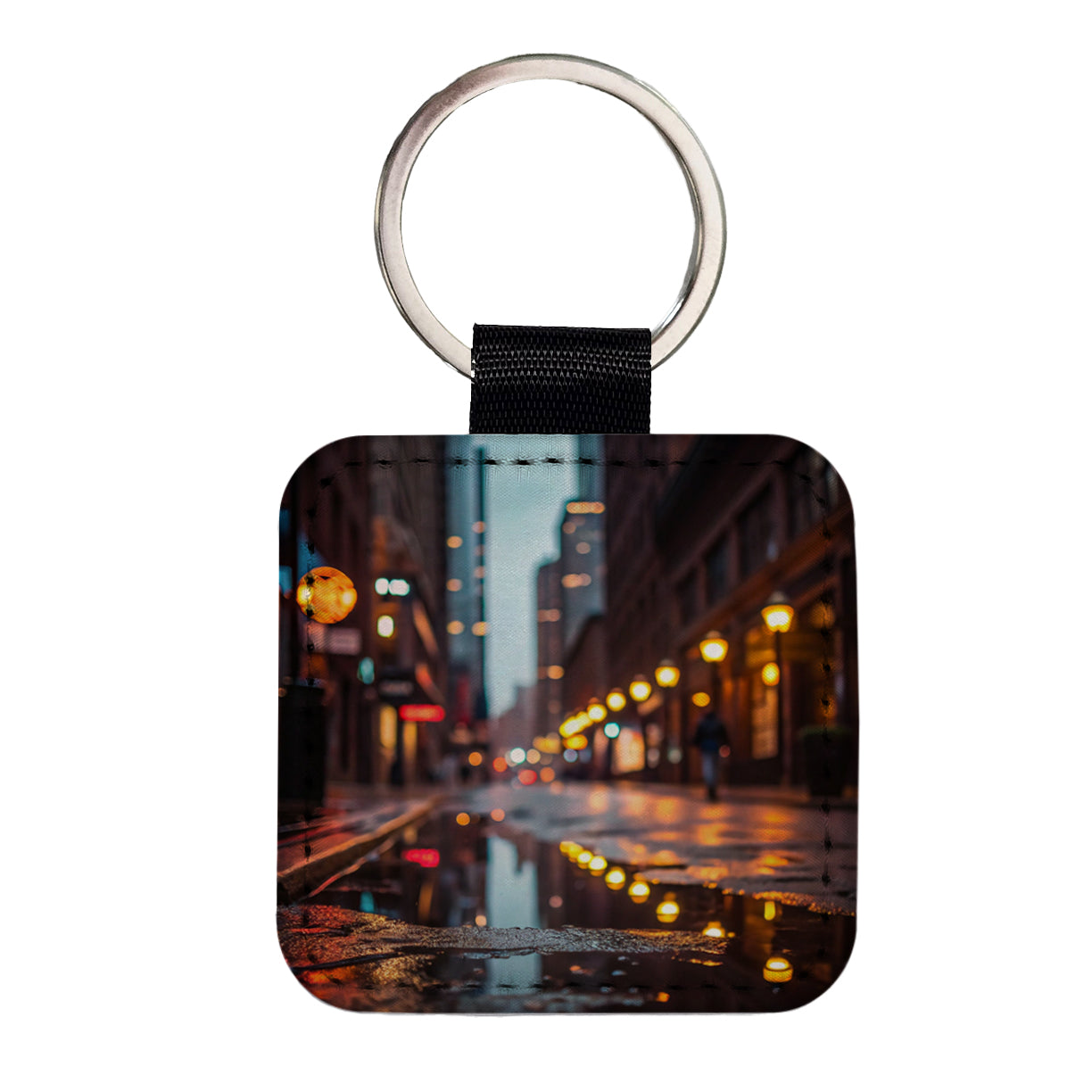 Blurred Lights Buildings City Rainy Street Square Faux Leather Keychain