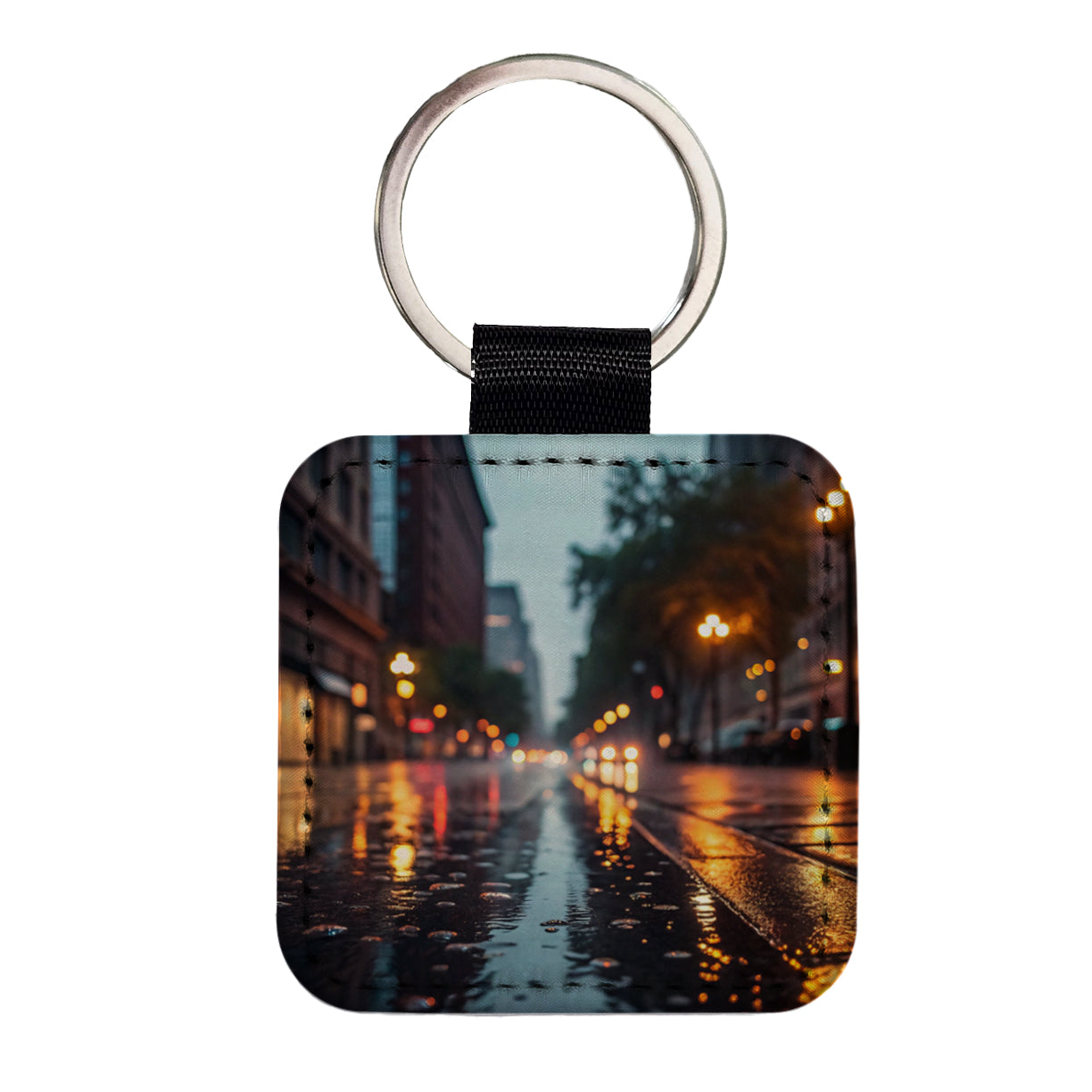 Blurred Lights City Wet Street Square Faux Leather Keychain