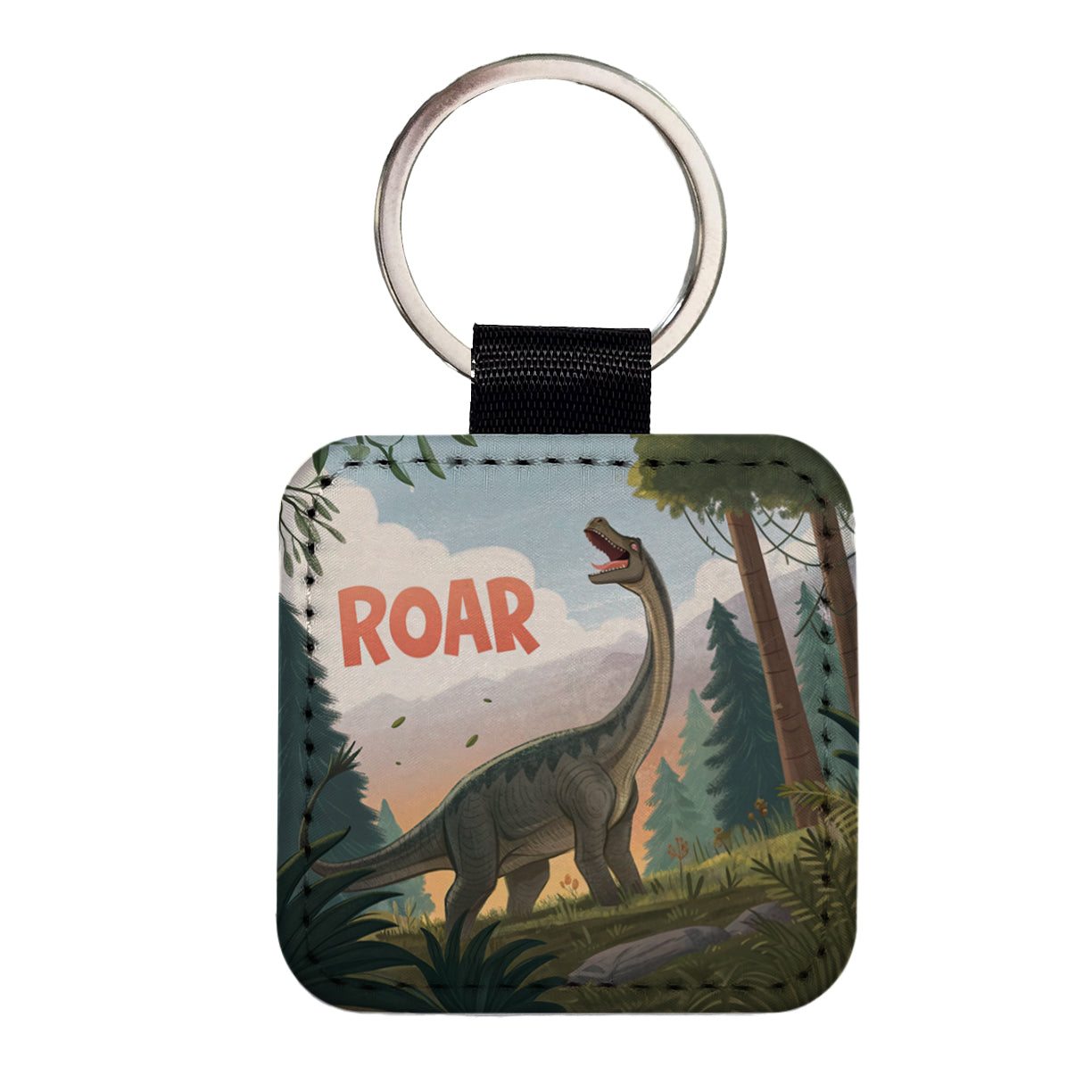 Brachiosaurus Roar Dinosaur Square Faux Leather Keychain