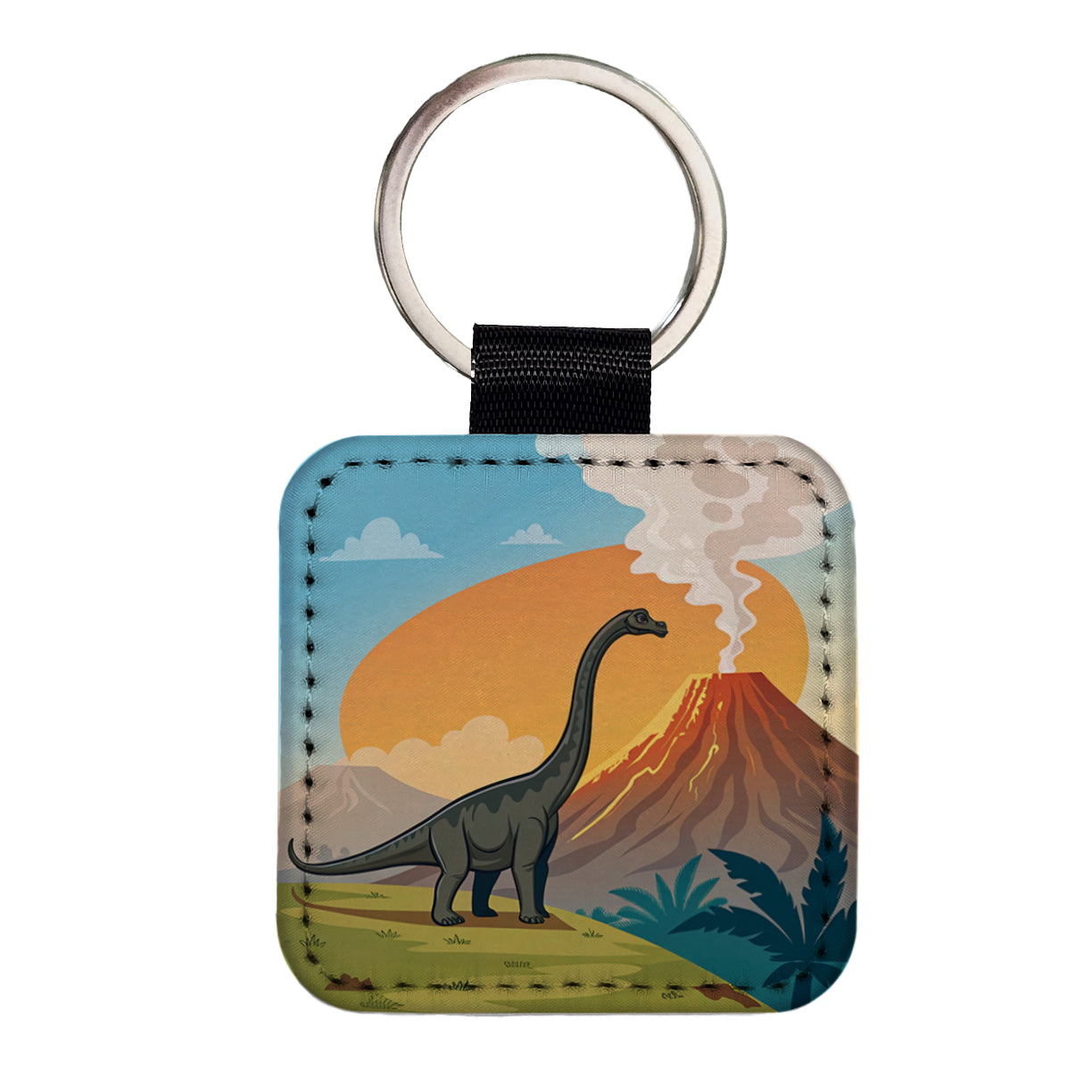 Brachiosaurus Volcano Colorful Dinosaur Square Faux Leather Keychain
