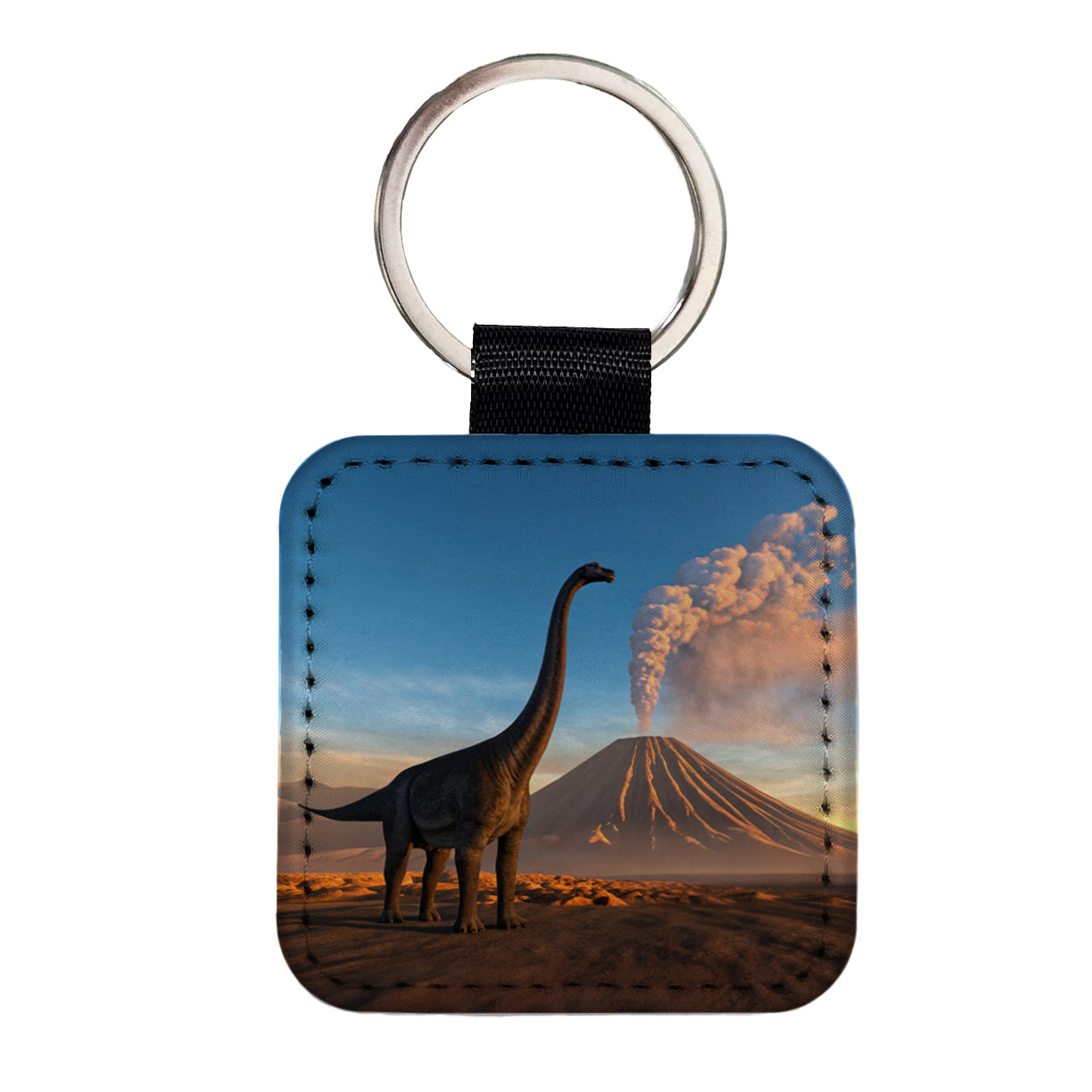 Brachiosaurus Volcano Sunset Dinosaur Square Faux Leather Keychain