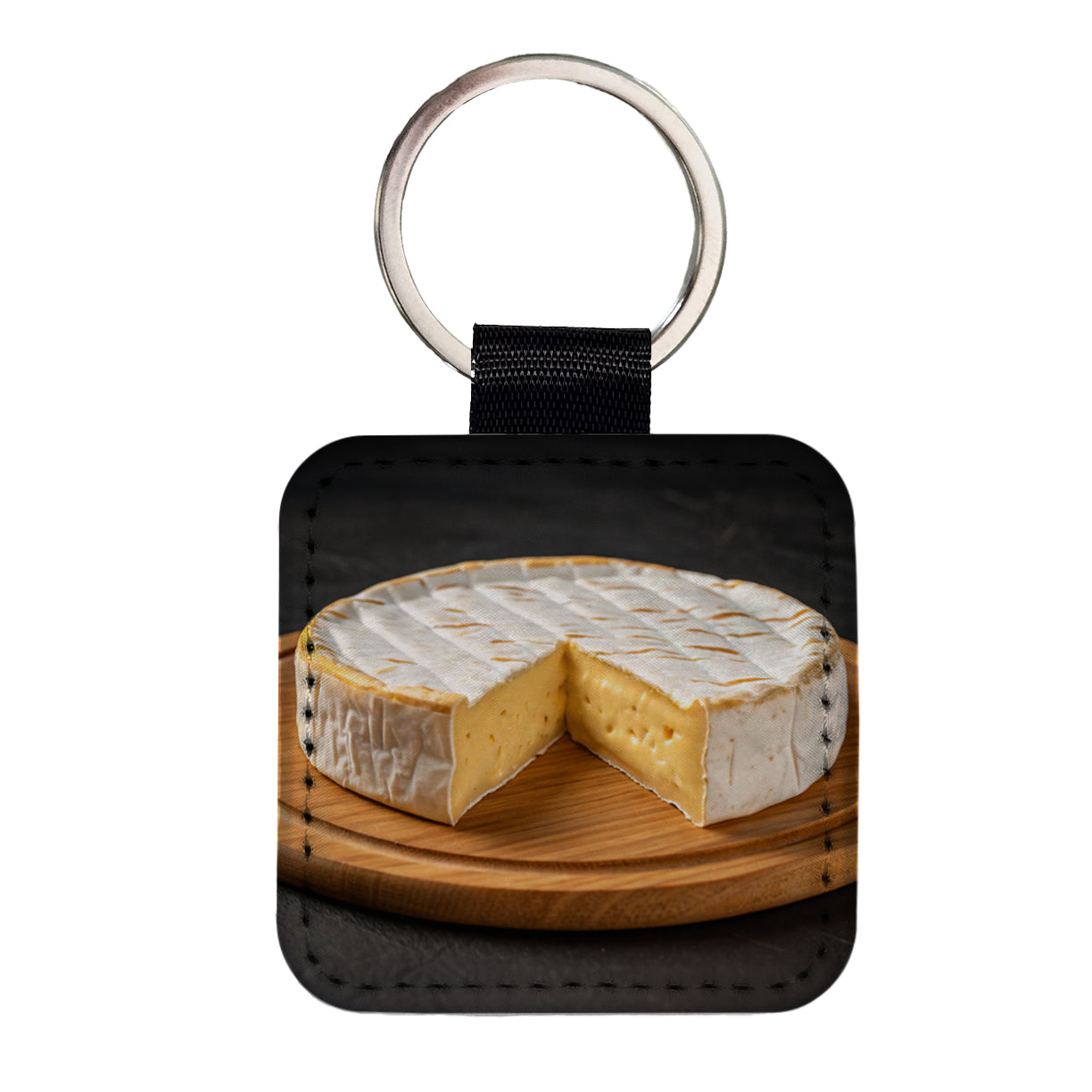 Brie Cheese Wheel Square Faux Leather Keychain