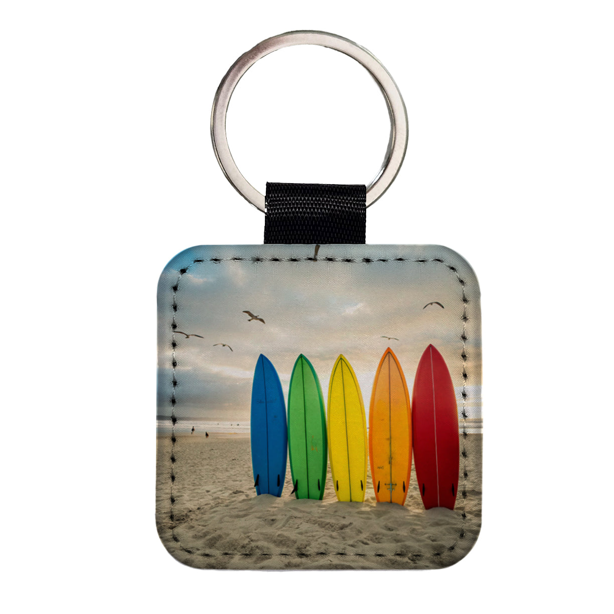 Brightly Colored Surfboards In The Sand Beach Ocean Square Faux Leather Keychain