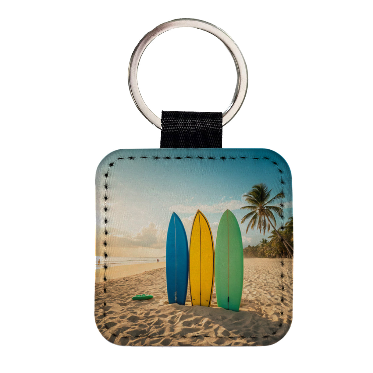 Brightly Colored Surfboards Sand Beach Ocean Square Faux Leather Keychain