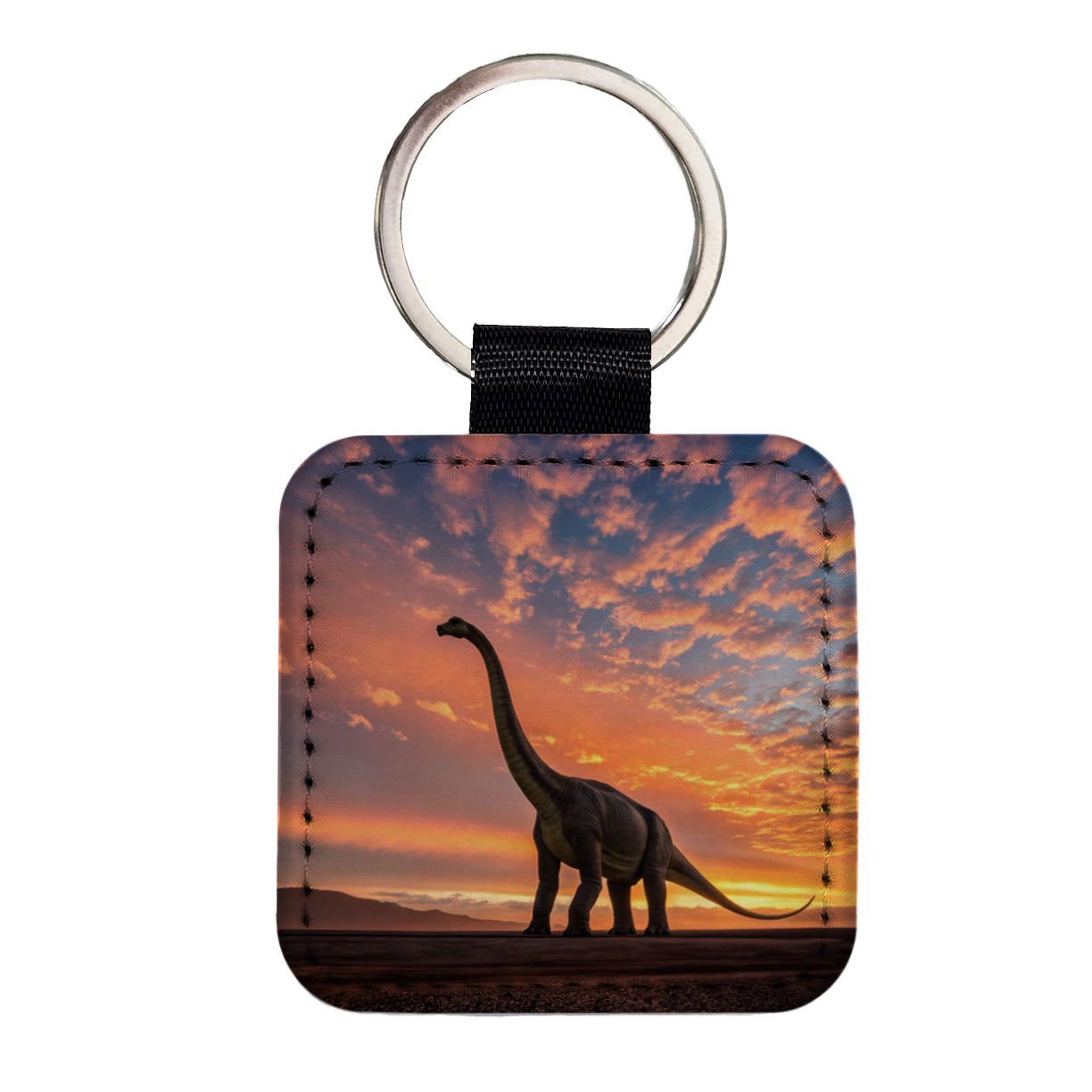 Brontosaurus Sunset Dinosaur Square Faux Leather Keychain