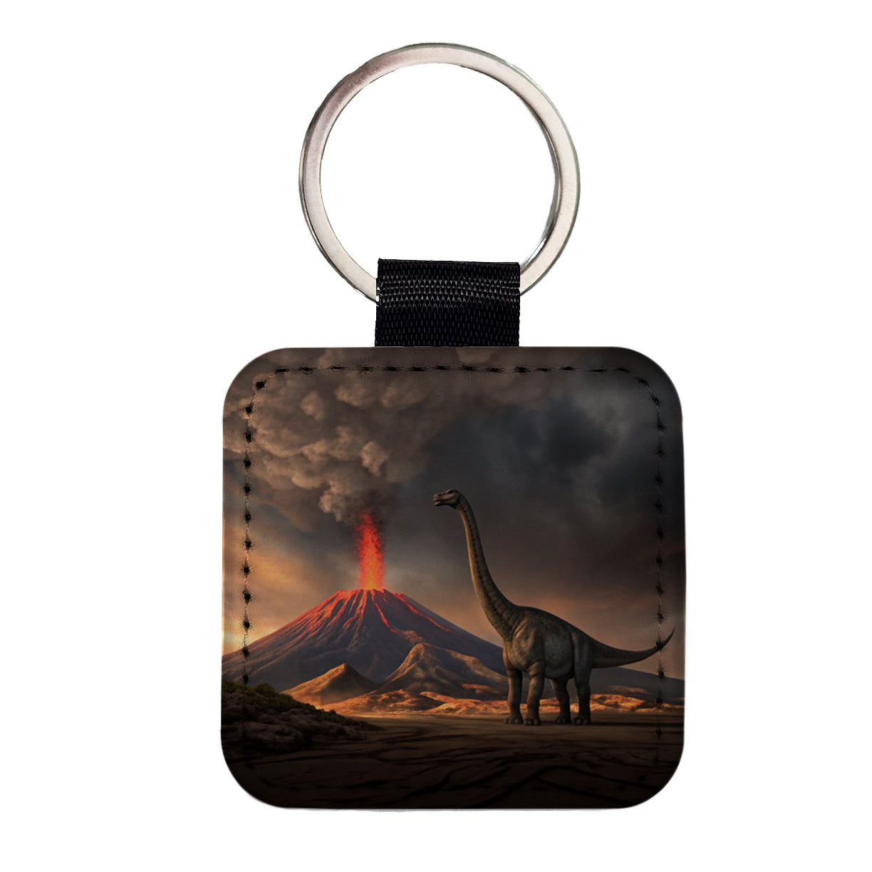 Brontosaurus Volcano Dinosaur Square Faux Leather Keychain