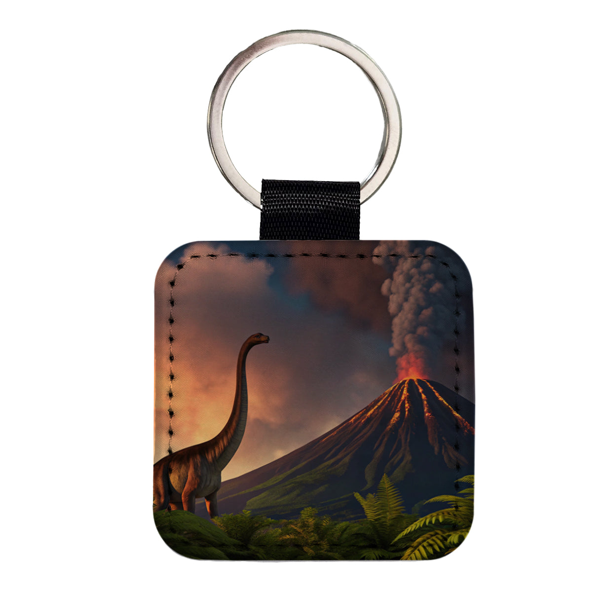 Brontosaurus Volcano Erupting Dinosaur Square Faux Leather Keychain