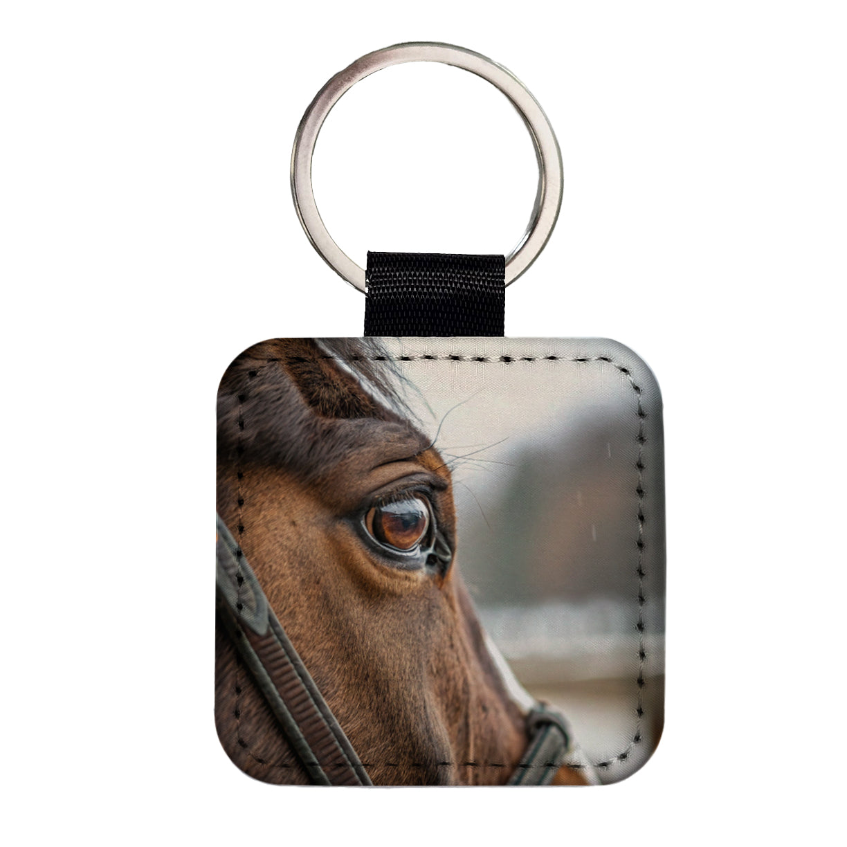 Brown Horse Eye Close Up Square Faux Leather Keychain