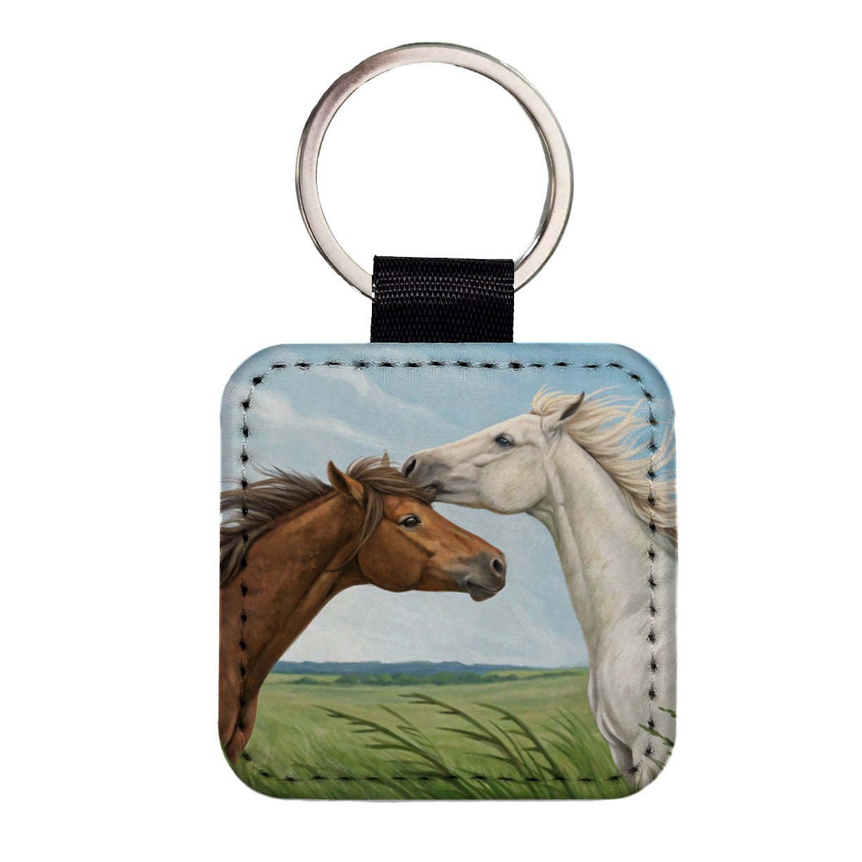Brown White Horses Love Square Faux Leather Keychain