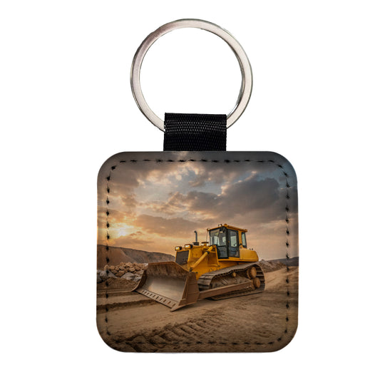 Bulldozer In Dirt Square Faux Leather Keychain