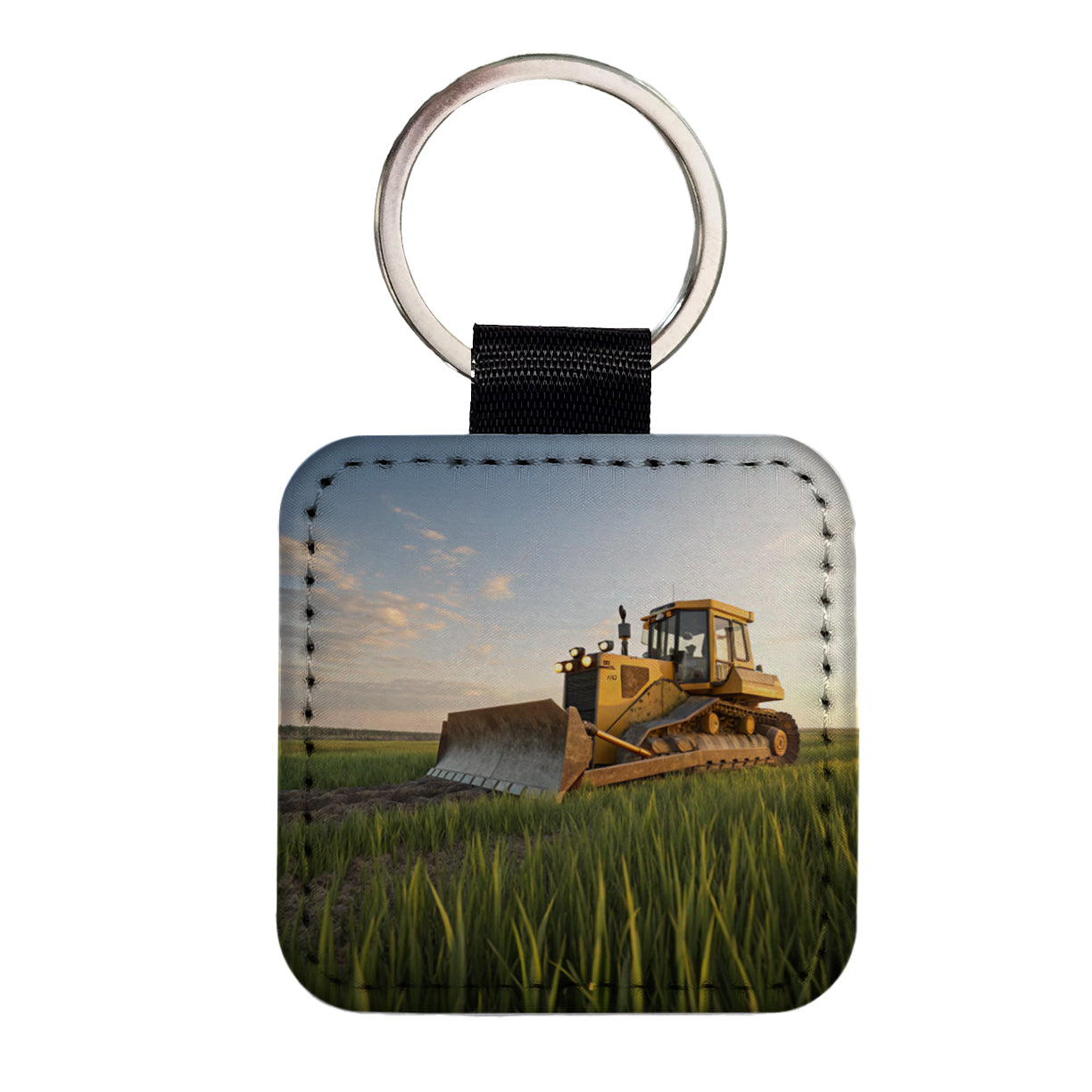 Bulldozer In Grass Field Square Faux Leather Keychain
