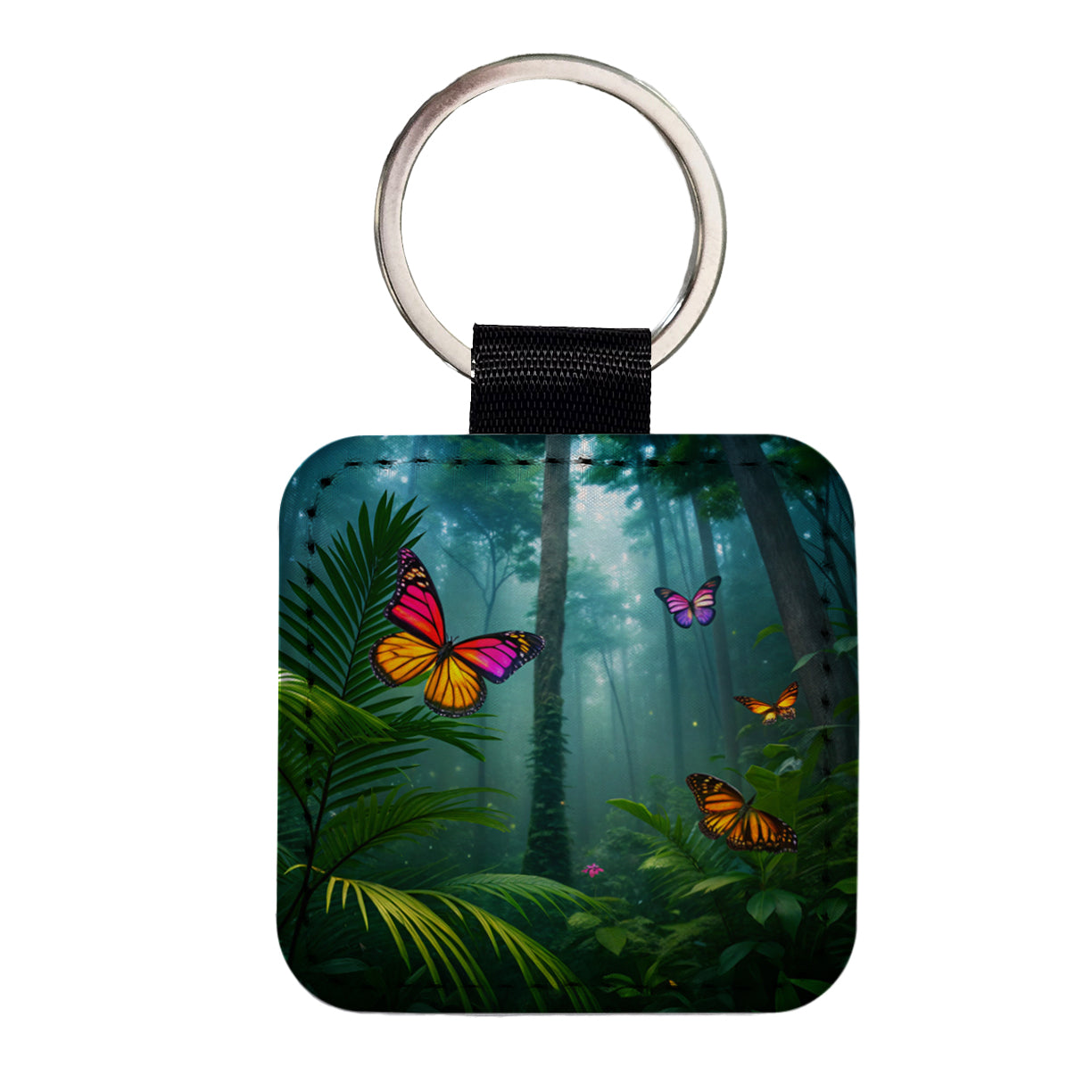 Butterflies In Jungle Forest Square Faux Leather Keychain
