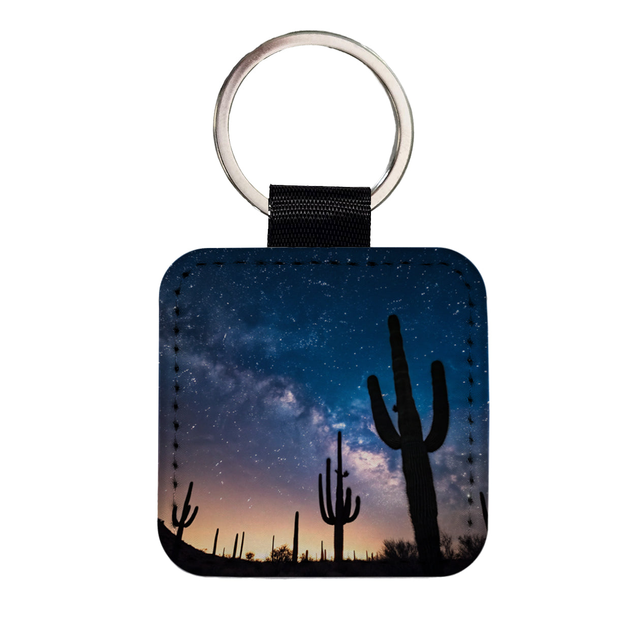 Cactus Silhouettes Starry Sky Night Shadows Square Faux Leather Keychain