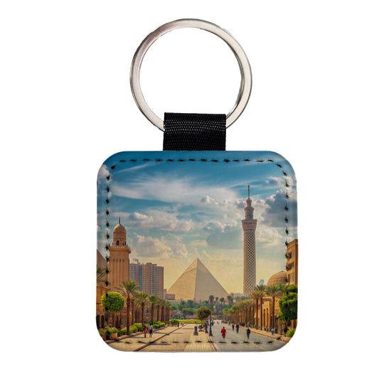 Cairo Egypt Pyramid Street Square Faux Leather Keychain