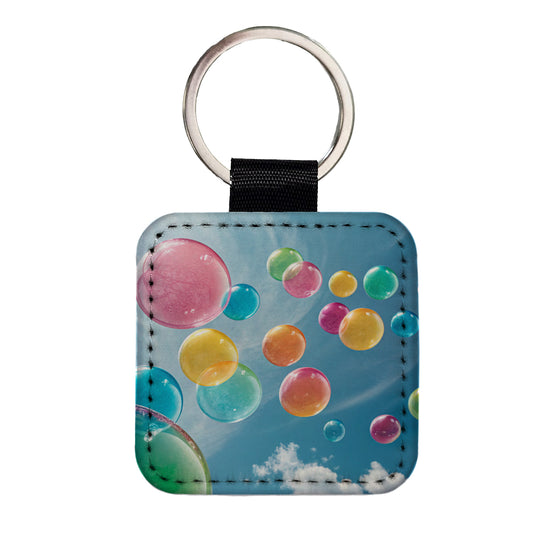 Candy Color Bubbles Blue Sky Square Faux Leather Keychain