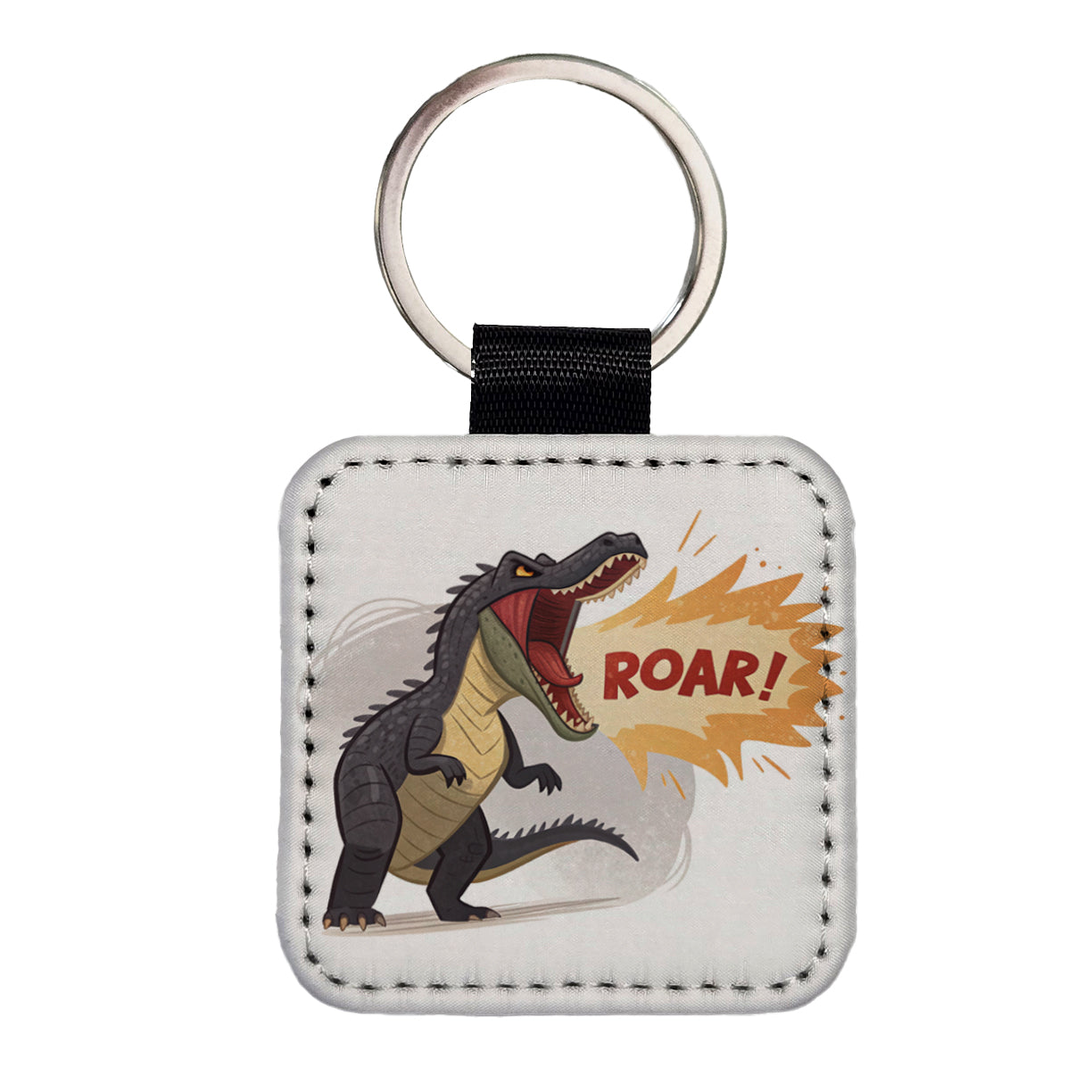 Carnotaurus Roar Bold Text Dinosaur Square Faux Leather Keychain