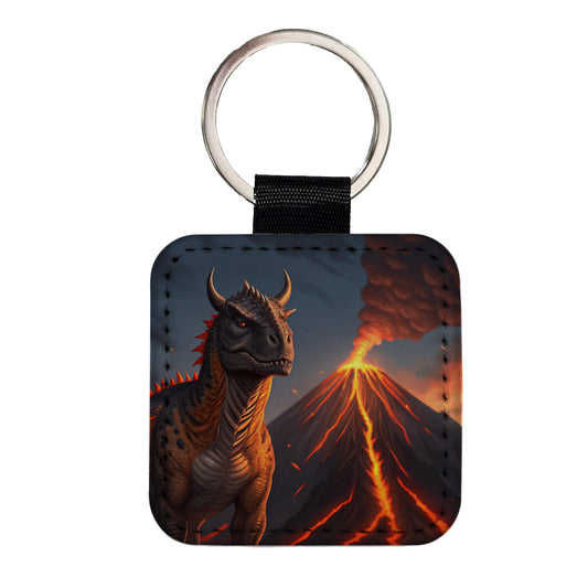 Carnotaurus Volcano Dinosaur Square Faux Leather Keychain