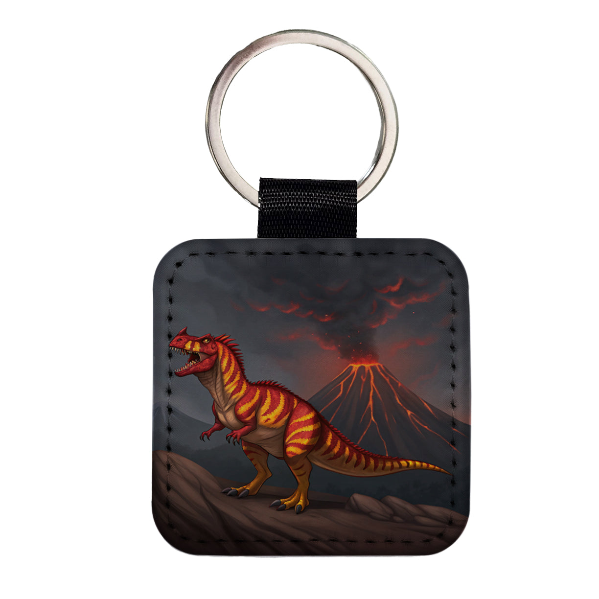 Carnotaurus Volcano Erupting Dinosaur Square Faux Leather Keychain