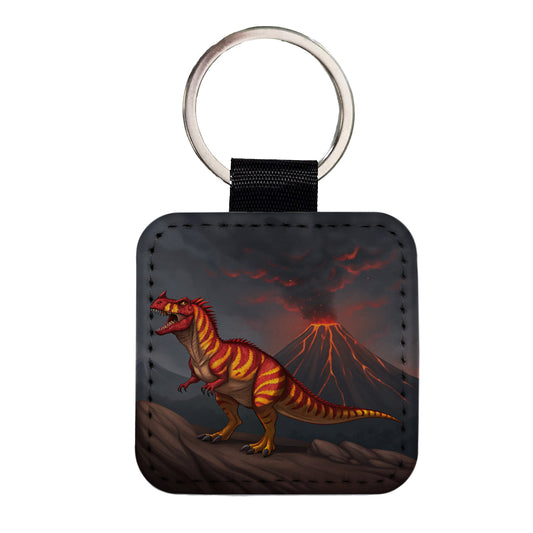 Carnotaurus Volcano Erupting Dinosaur Square Faux Leather Keychain