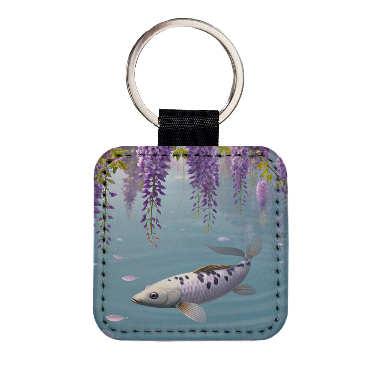 Carp Wisteria Flowers Fish Pond Square Faux Leather Keychain