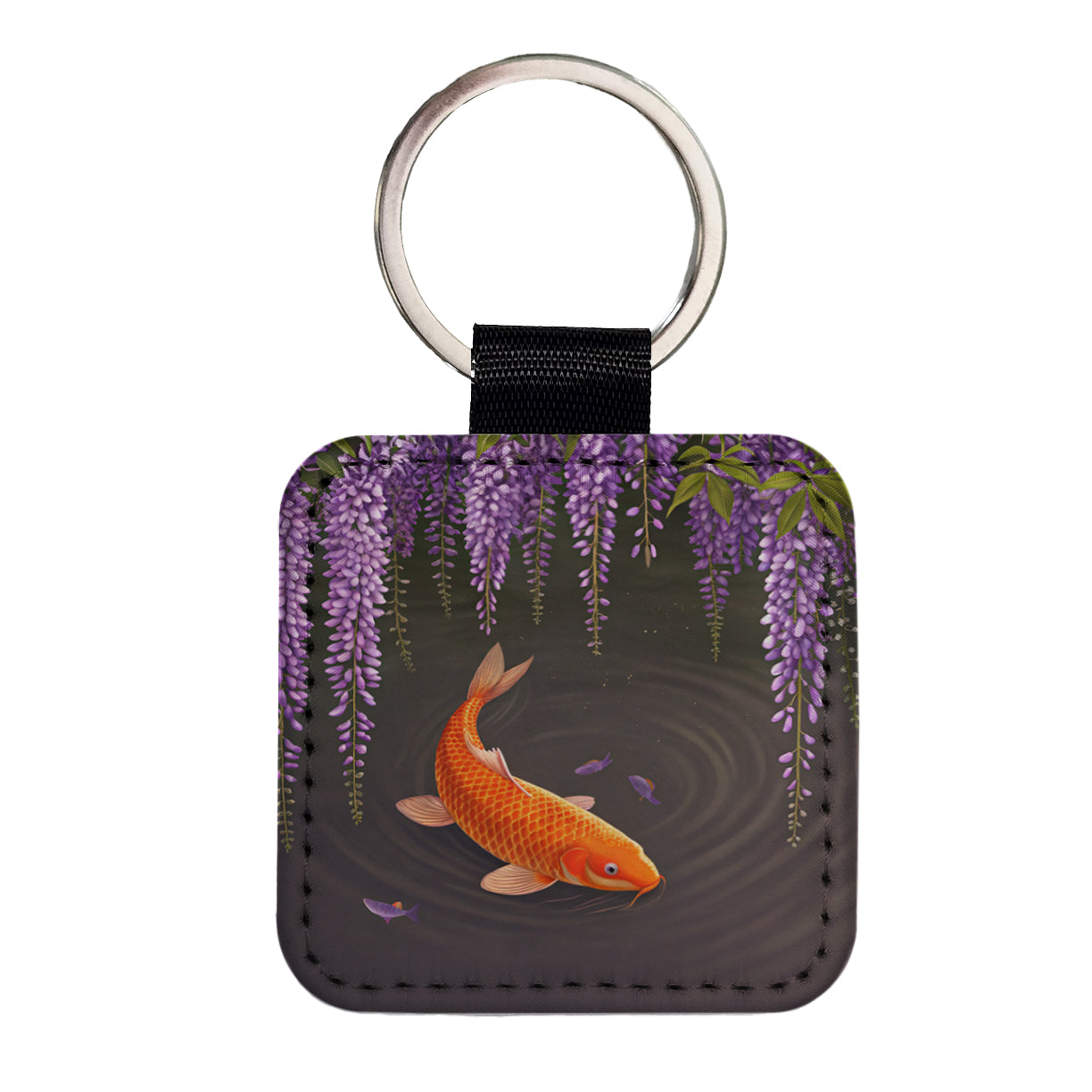 Carp With Wisteria Flowers Pond Square Faux Leather Keychain