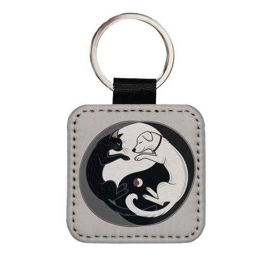 Cat Dog Black White Swirling Yin Yang Square Faux Leather Keychain