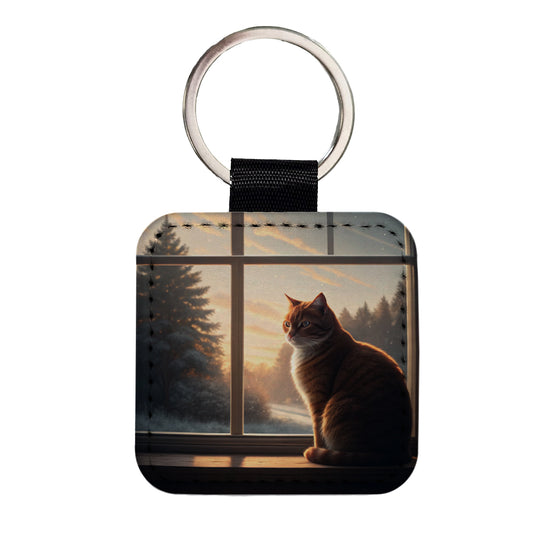 Cat In Window Pretty Square Faux Leather Keychain