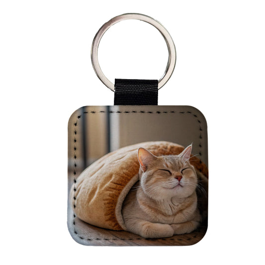 Cat Loaf Cute Square Faux Leather Keychain