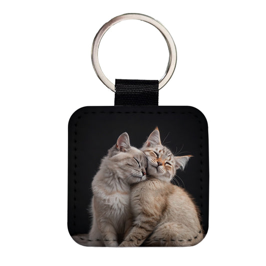 Cats Nuzzle Love Cute Square Faux Leather Keychain