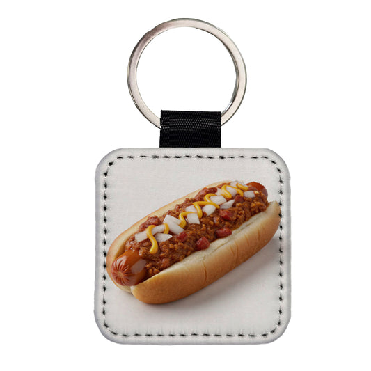 Chili Hot Dog Bun Square Faux Leather Keychain