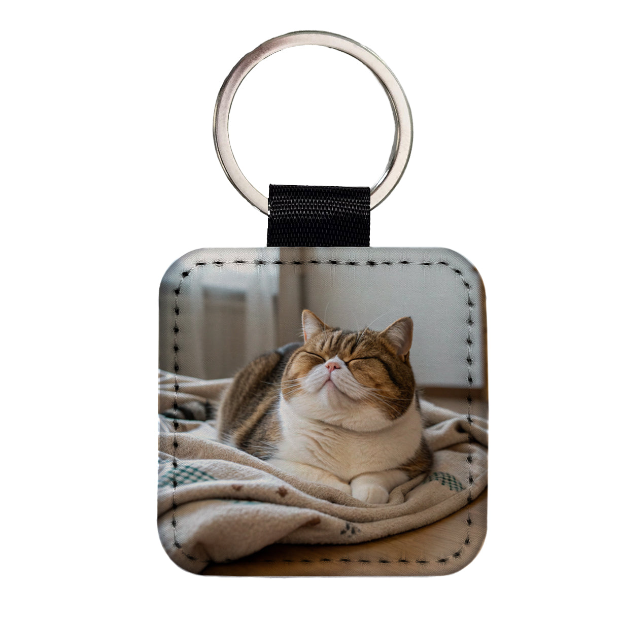 Chubby Cat Lying Down Cute Square Faux Leather Keychain