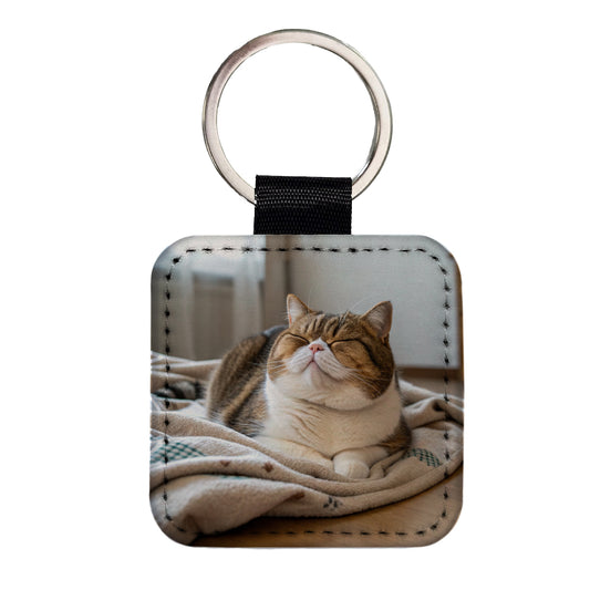 Chubby Cat Lying Down Cute Square Faux Leather Keychain