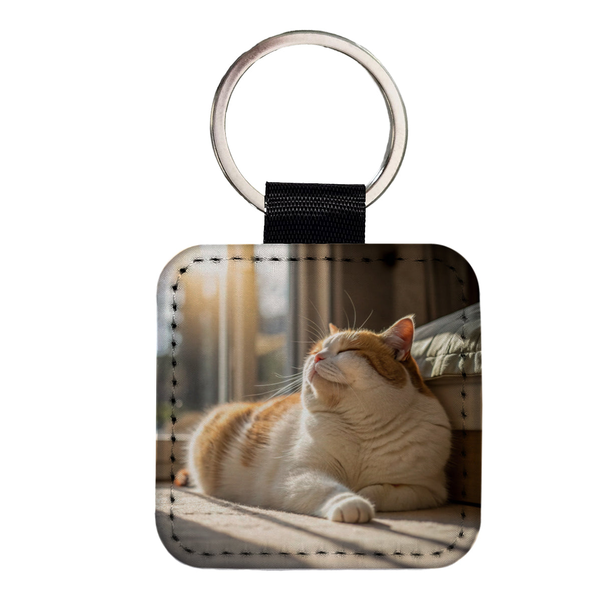Chubby Cat Lying Down Photo Square Faux Leather Keychain