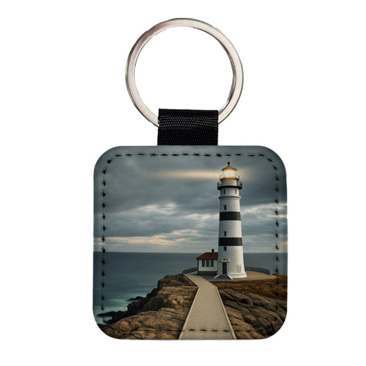 Coastal Lighthouse Ocean Square Faux Leather Keychain