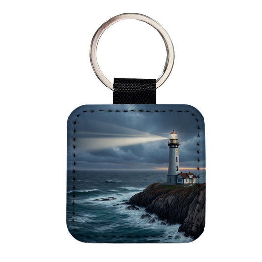 Coastal Lighthouse Rugged Square Faux Leather Keychain