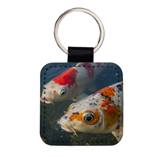 Koi Fish Eyes Close Up Pond Square Faux Leather Keychain